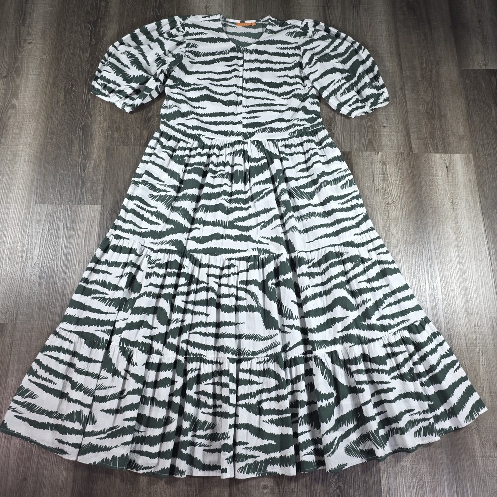 Oliphant Puff Sleeve Green White Cotton Poplin Maxi Dress Women's Large Cottage